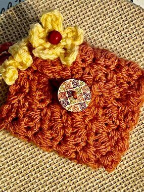 Tiny PURSE Hand Crocheted Button Closure Flower Embellishment KEYCHAIN BAGCHARM